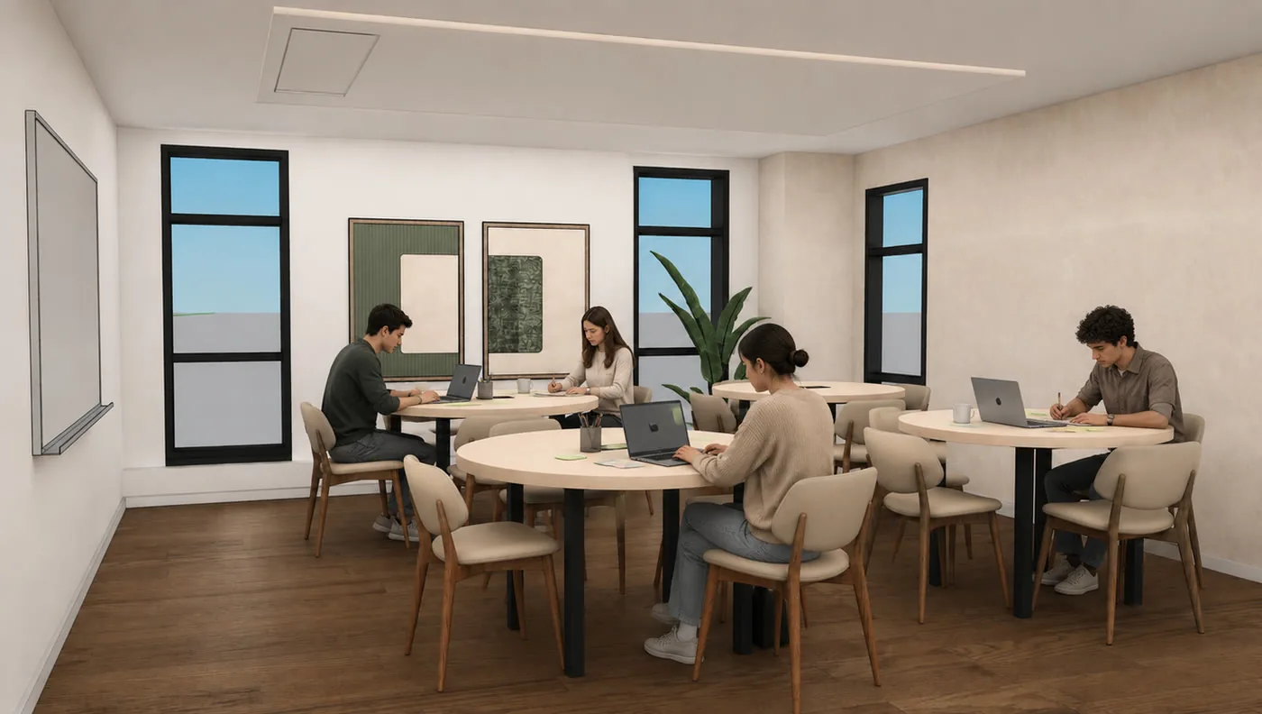 The Forum: round oak tables and sixteen seats beneath tall windows