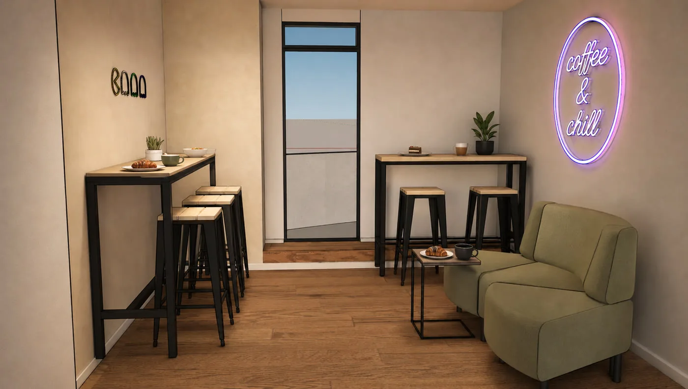 The Pantry: the coffee bar with bar stools and a soft neon sign
