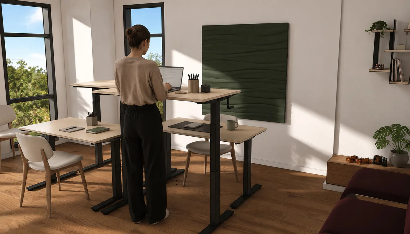 Quiet Study: height-adjustable desks beneath a moss green wall