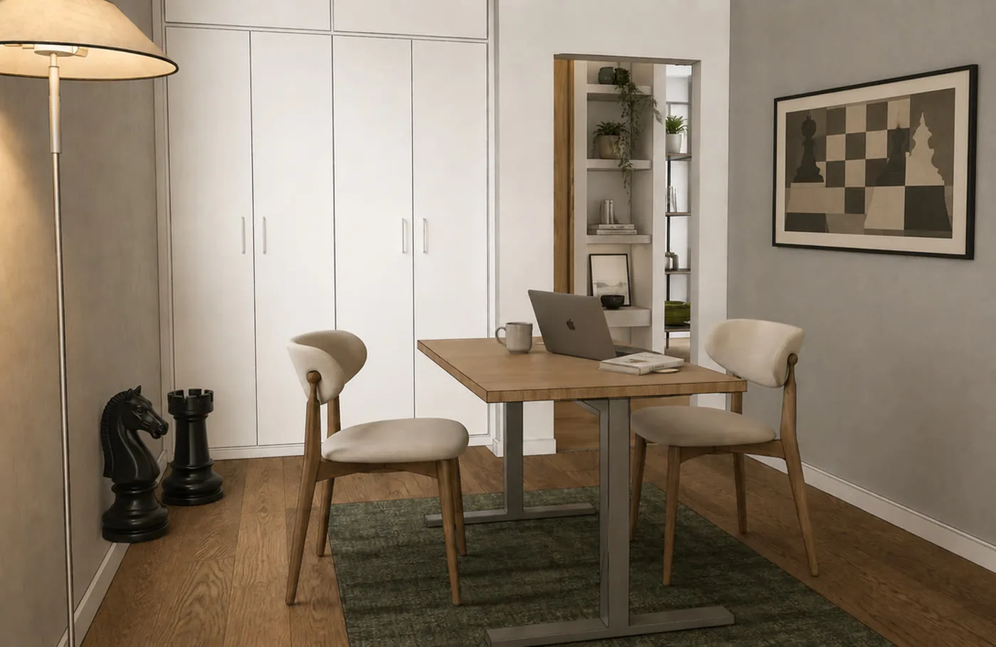 The Snug: a small oak table set for one-to-one mentoring, with a chess set