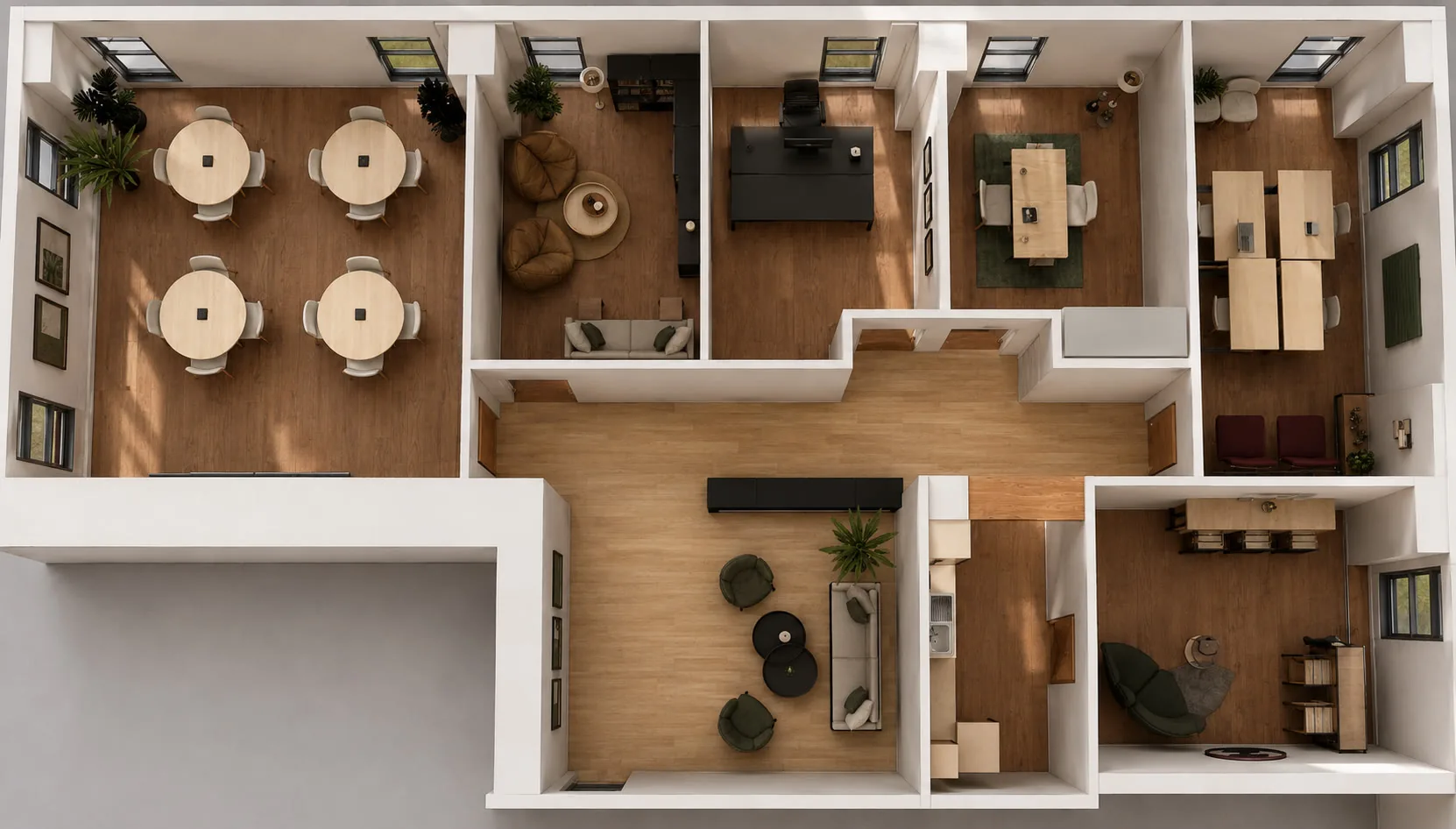 Top-down render of the Pebble House floor: focus rooms along the window wall, the central hub, and the terrace end